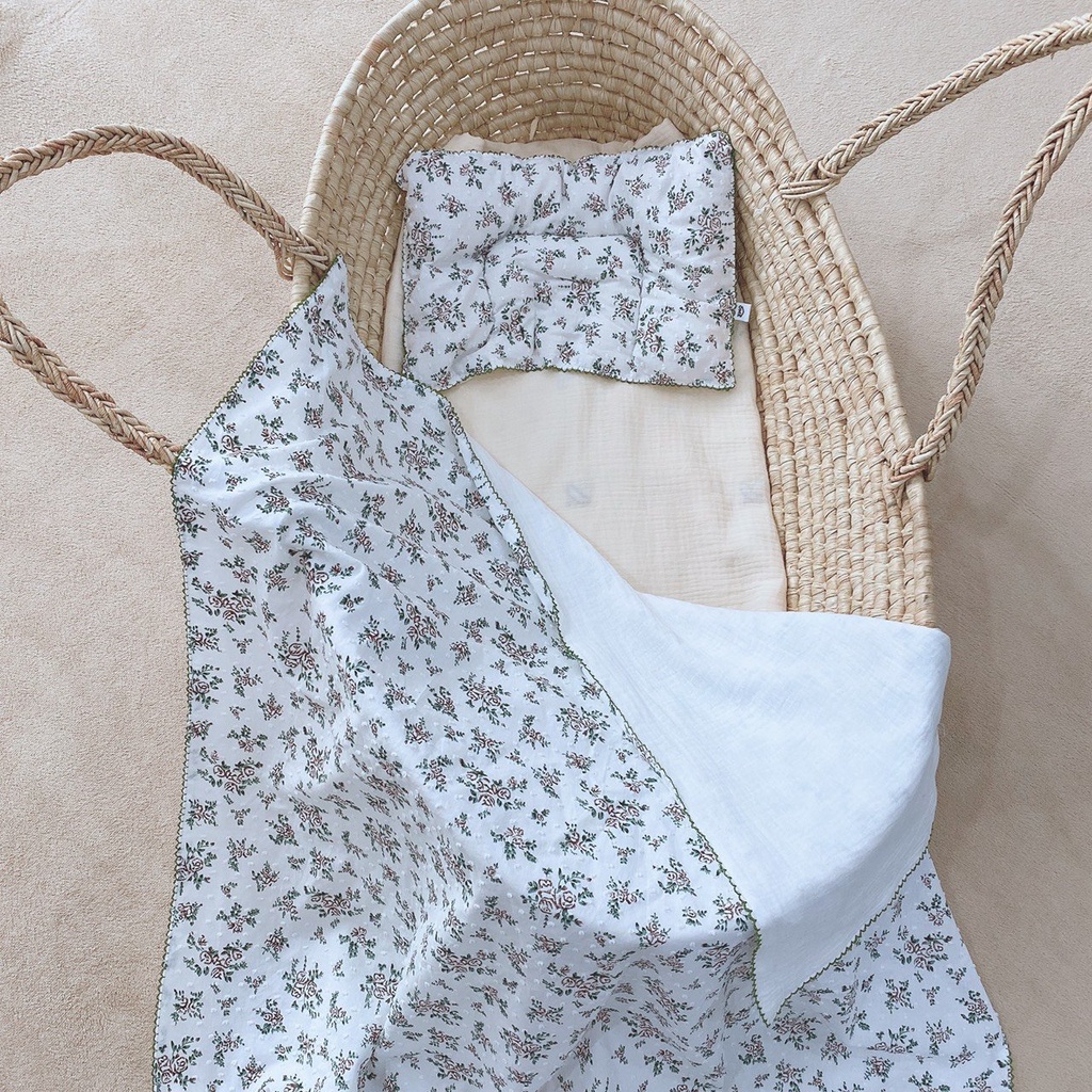 Set chăn gối vải thô họa tiết hoa Vintage cao cấp chính hãng Ome cho bé, mẫu mới nhất 2021