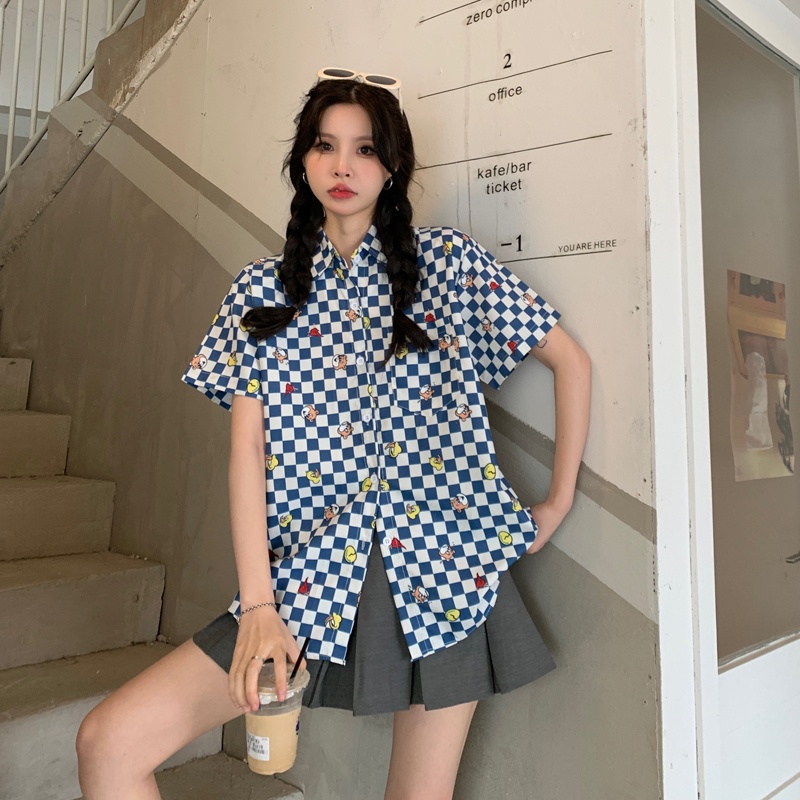 Áo Sơ Mi Tay Ngắn Họa Tiết Caro Phong Cách Retro Hàn Quốc