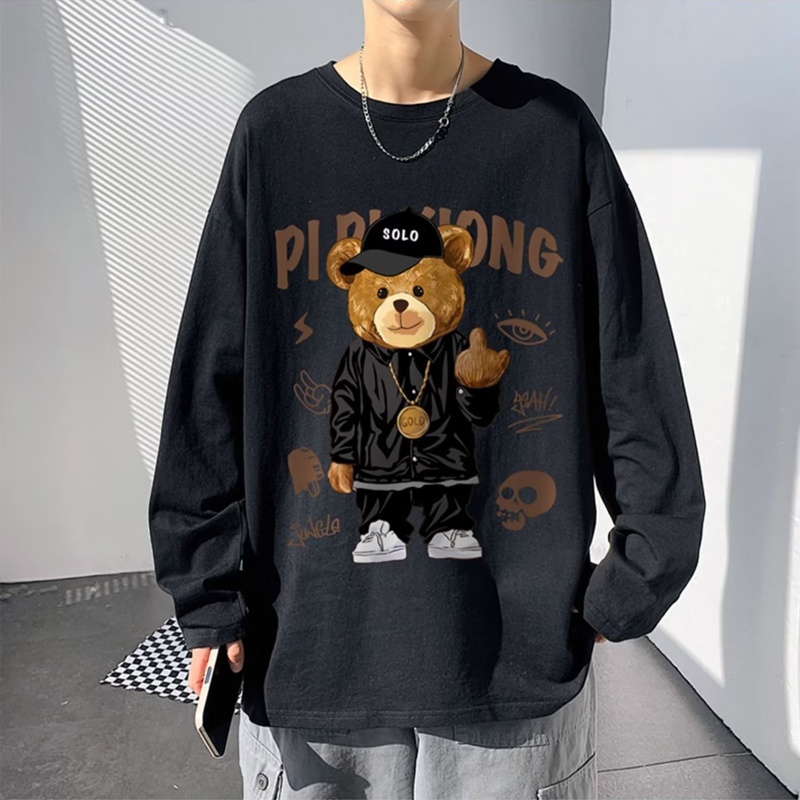 Áo Thun Tay Dài Dáng Rộng In Họa Tiết Chú Gấu Dễ Phối Đồ Thời Trang Xuân Thu Phong Cách Hàn Quốc Cho Nam