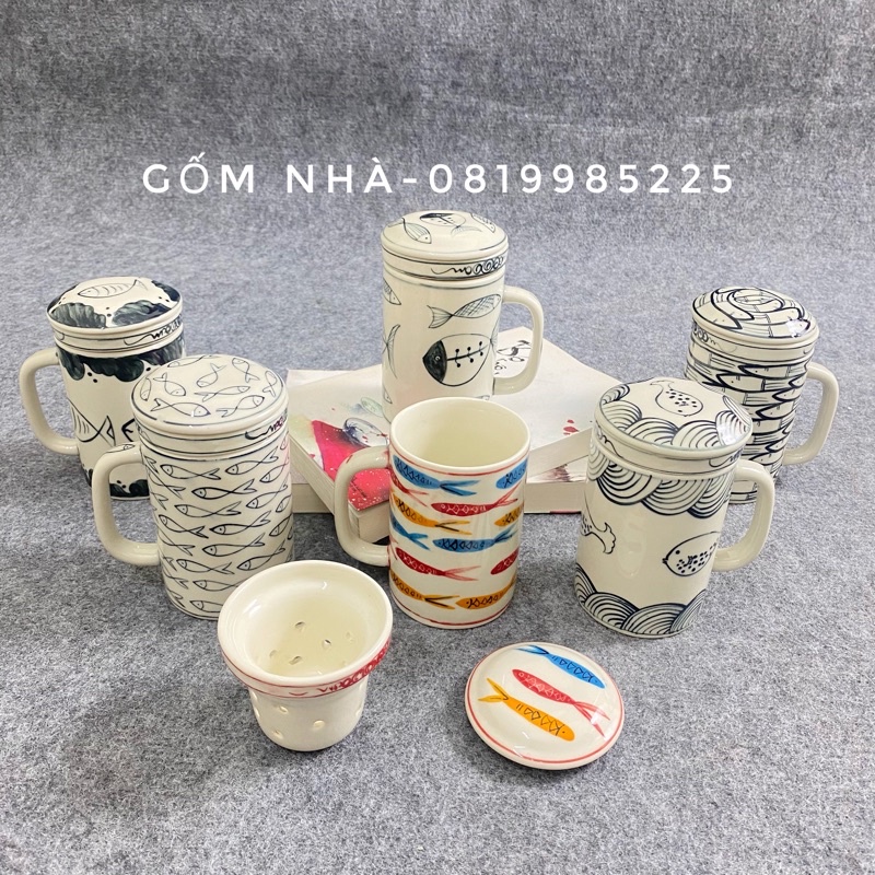 Cốc Lọc Trà Có Nắp, Ca Uống Nước họa tiết vẽ tay tỉ mỉ gốm sứ Bát Tràng