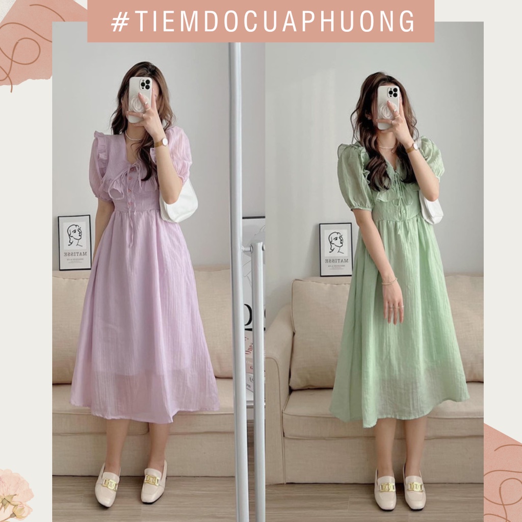 Váy/Đầm tơ tay bồng cổ bèo thắt nơ hai lớp có dây buộc phía sau dáng midi tiểu thư