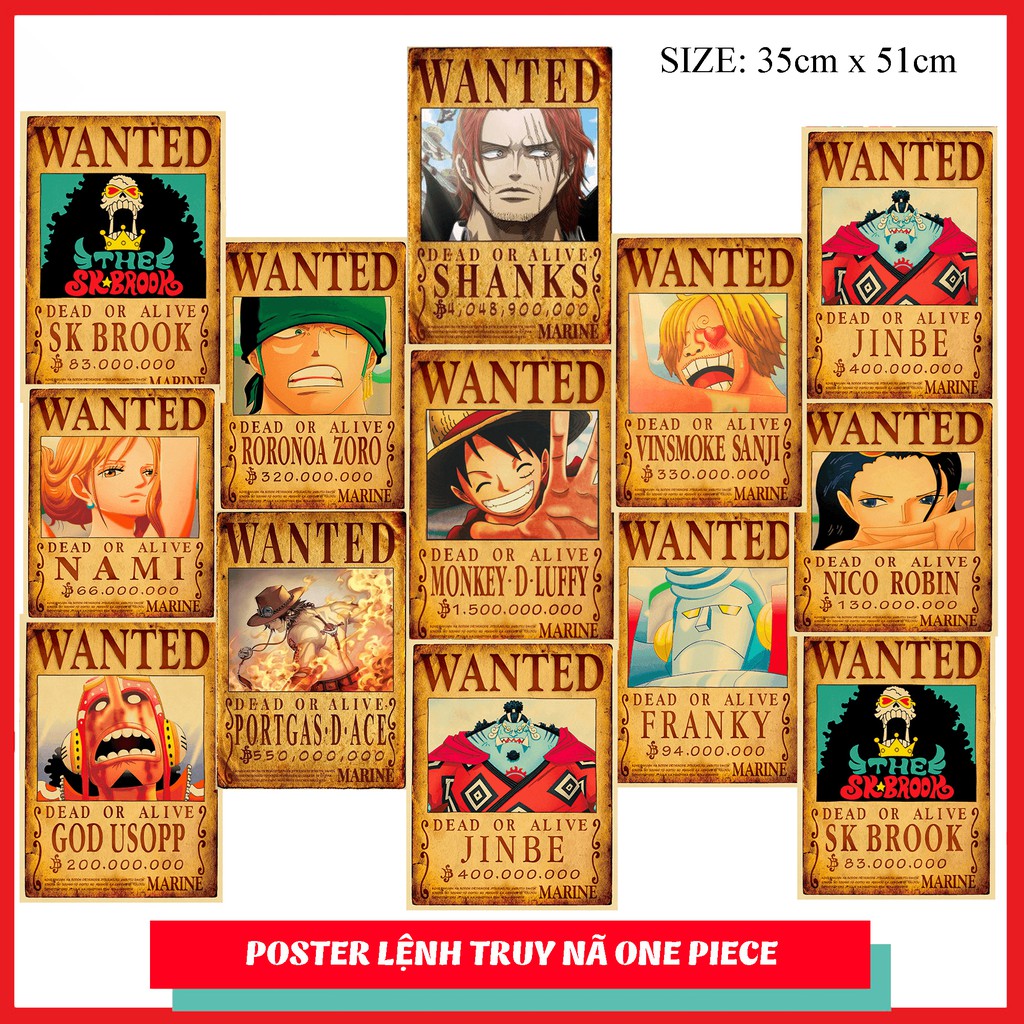 Bộ 10  Poster lệnh truy nã ONE PIECE (TỈ LỆ 1:1) - Mua 10 tặng 1 Poster nhân vật  ACE