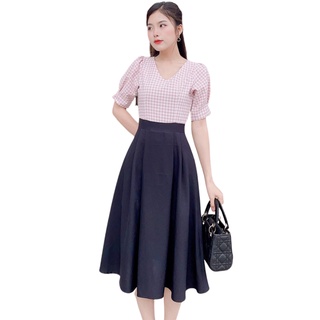Đầm váy nữ xòe phối caro hồng chân váy trơn - qa00170