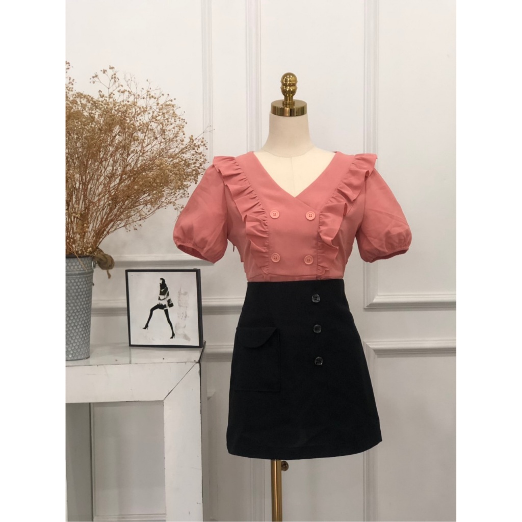 Áo sơ mi nữ kiểu peplum tay bồng cổ chữ V thương hiệu TK FASHION - SMKA131