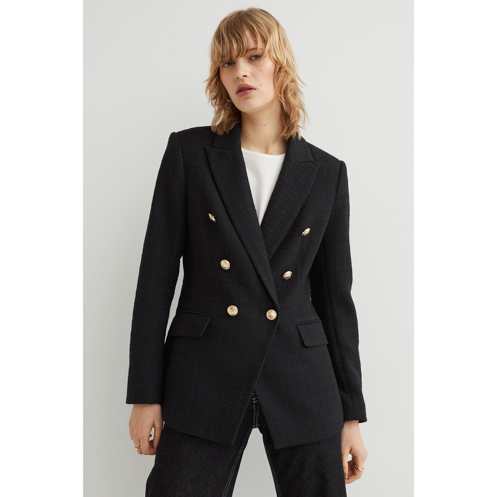 H&M Đức - Áo blazer dạ màu đen sáu cúc vạt vuông hai túi sang trọng sale auth cao cấp chính hãng 0966292006
