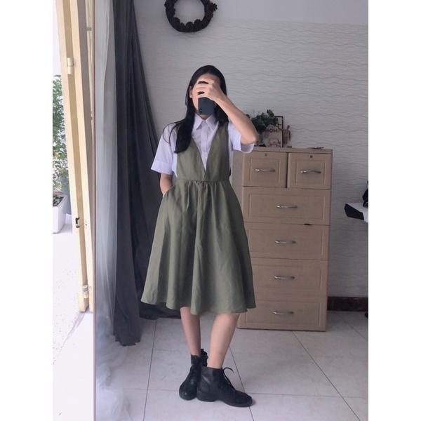 Đầm yếm xanh rêu - DAM023