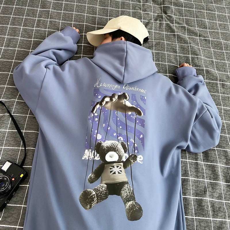 Áo hoodie nỉ ngoại ulzzang nam nữ unisex cặp đôi khoác choàng chui đầu chống nắng có nón in hoạt hình gấu bàn tay