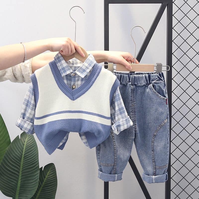 🍄🍄🍄 SET BỘ 3 CHI TIẾT SƠ MI GILE KẺ XANH QUẦN JEAN SIZE NHÍ BÉ TRAI