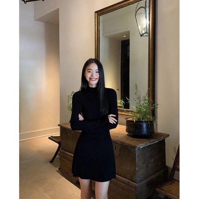 Váy cổ lọ đen dáng hơi xoè dài tay chữ A Pusumede - V204