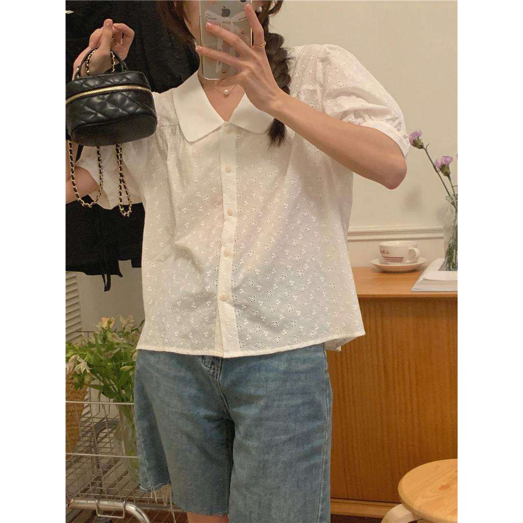 Áo Sơ Mi Trắng Tay Ngắn Cổ Peter Pan Thêu Họa Tiết Phong Cách Hàn Quốc 52112