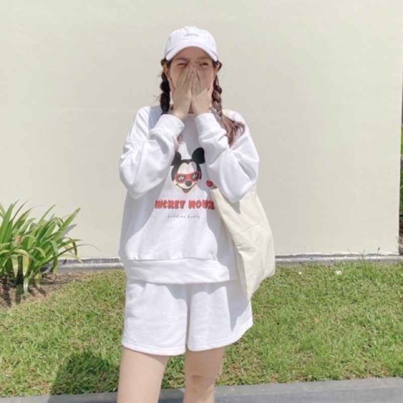 SET013-Set áo tay dài trắng in hình Mickey