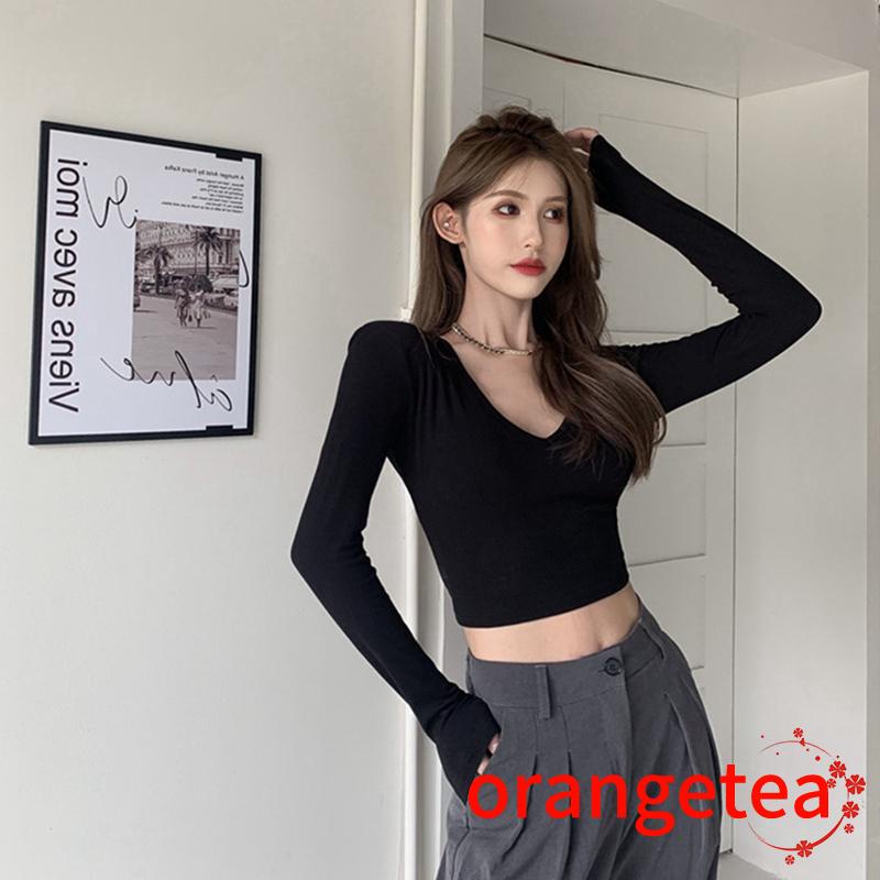 Áo Croptop Tay Dài Cổ Chữ V Màu Trơn Thiết Kế Ôm Sát Tôn Dáng