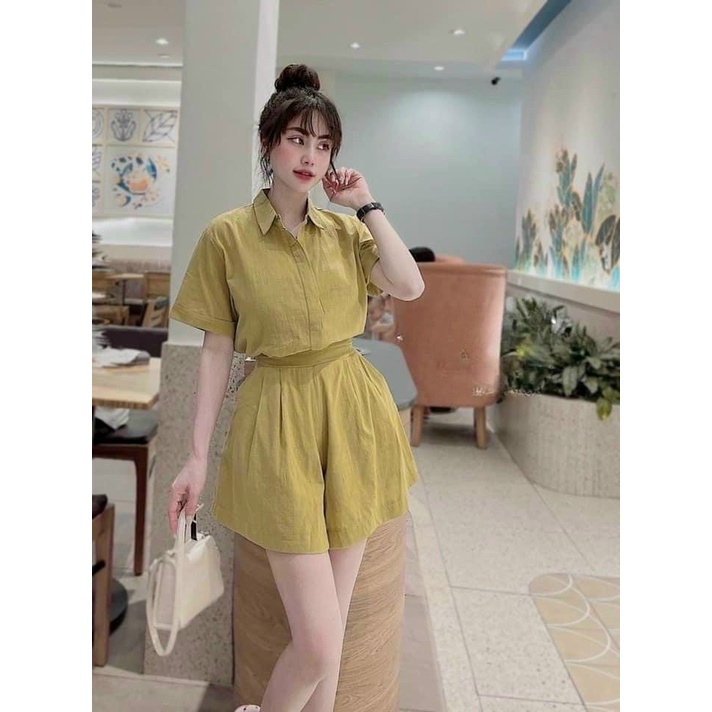 Set bộ đồ nữ áo sơ mi tay ngắn mix quần đùi ống rộng cùng tone đơn giản, cá tính cute dành cho các nàng đi chơi, dạo phố