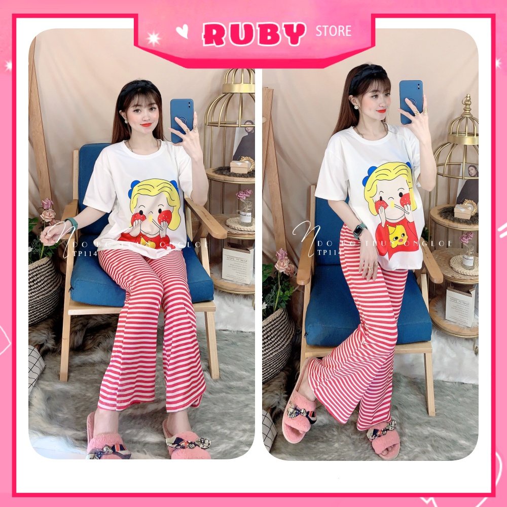 Đồ bộ thun dài ống loe sọc hot chất thun mềm mát in hình hoạt hình dễ thương TP114