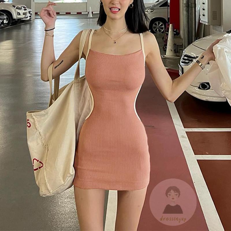 Đầm Ôm Hai Dây Hở Lưng Màu Sắc Tương Phản Dành Cho Nữ