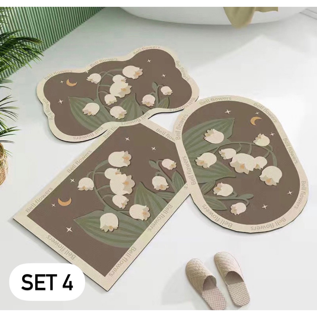 Sét thảm lau chân, thảm trải sàn nhà bếp chống trơn trượt thấm nước nhanh họa tiết hoa lá siêu đẹp