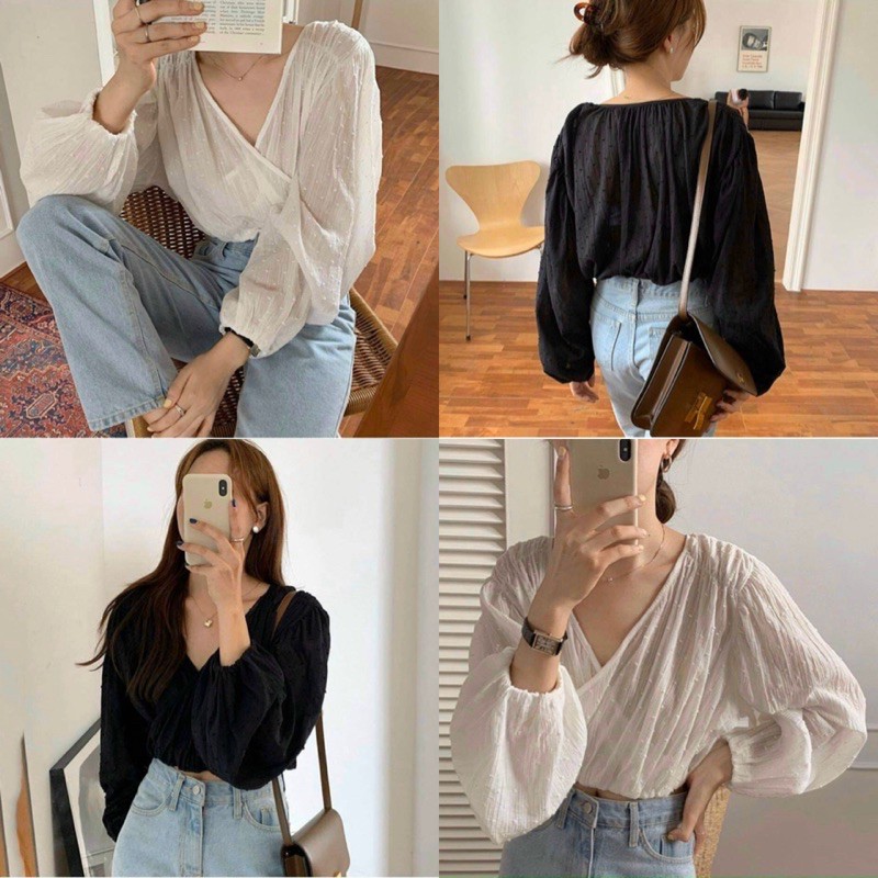 Áo Kiểu MOONI TOP form chuẩn basic thiết kế cổ V vạt chéo trước ngực khoe vòng ngực