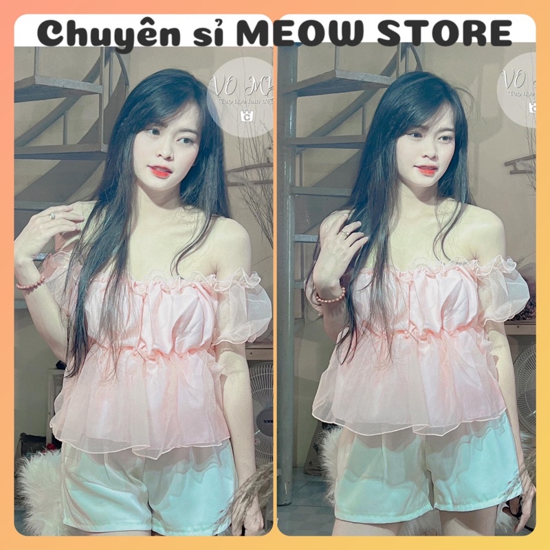 Áo trễ vai tiểu thư bồng bềnh ulzzang voan tơ 2 lớp dày dặn nữ