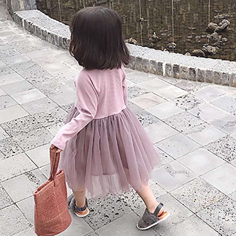 Đầm bé gái tay dài phối lưới phong cách Hàn Quốc dễ thương