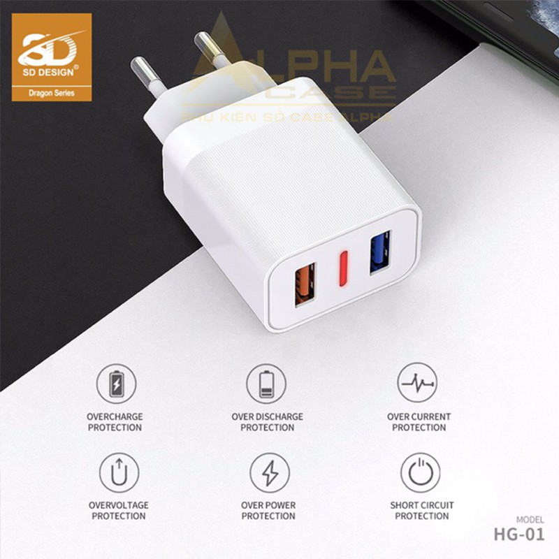 Bộ sạc nhanh 15w SD HG chính hãng củ chia 2 cổng usb hỗ trợ ios và android casealpha