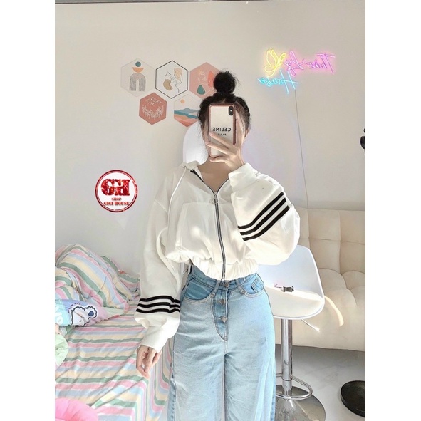 Áo Khoác Nỉ From Lửng Tay Phồng 3 Sọc(Tay Áo Dài Nón To) Ulzzang GiGiHouse