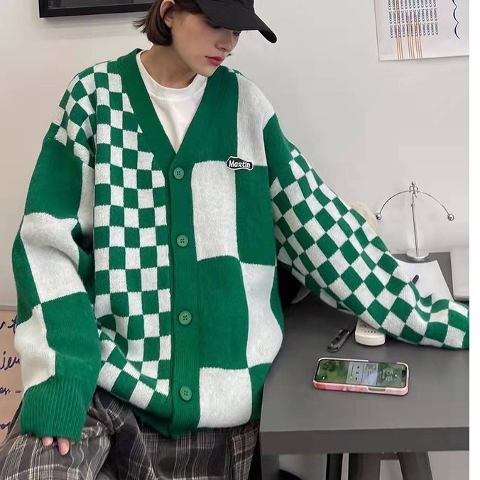 Áo Khoác Sweater Dáng Rộng Sọc Ca Rô Thời Trang Cá Tính Cho Nam