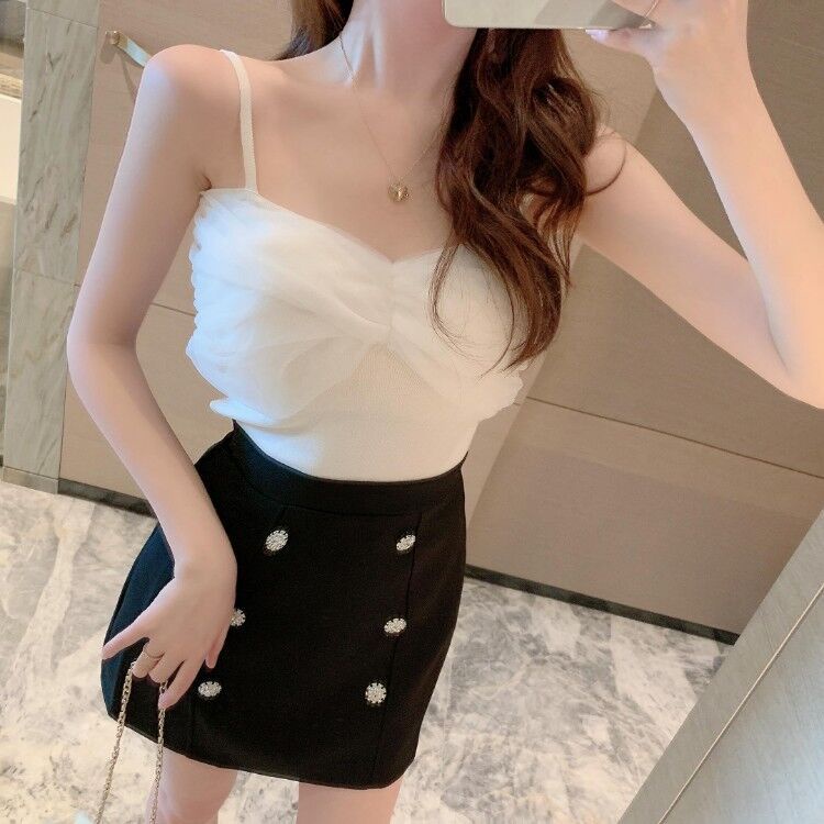 Áo hai dây phối voan nơ ngực áo kiểu sexy quyến rũ