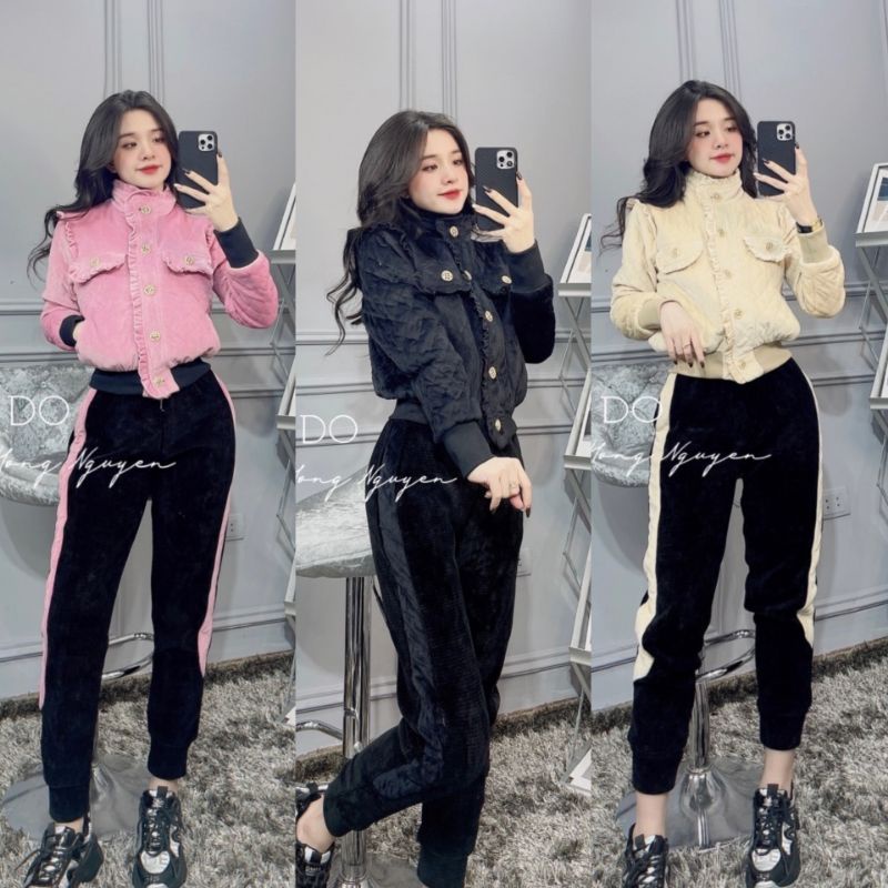 Sét bộ thể thao nhung áo chần viền bèo ấm áp bomber quảng châu