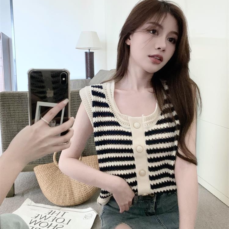 Áo thun SUXI dệt kim không tay dáng rộng họa tiết kẻ sọc thời trang mùa hè dành cho nữ