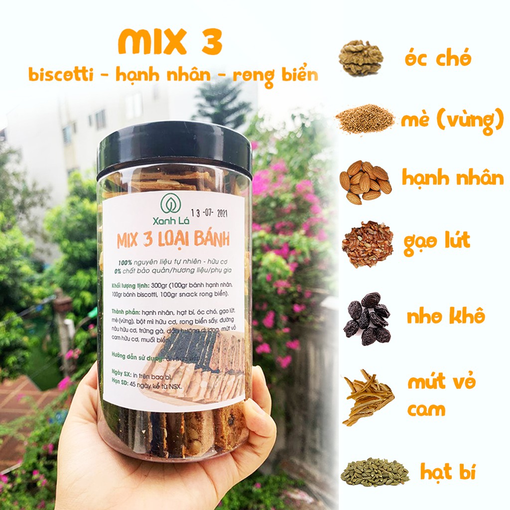 [HÀNG CAO CẤP] Bánh hữu cơ mix 3 Biscotti, bánh Hạnh nhân, snacks Rong biển ăn kiêng Xanh Lá giảm cân, mẹ bầu, trẻ nhỏ