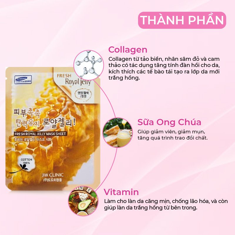 Combo 10 Túi Mặt nạ giấy dưỡng trắng da dưỡng ẩm chiết xuất từ sữa ong chúa 3W Clinic Hàn Quốc 23mlx10