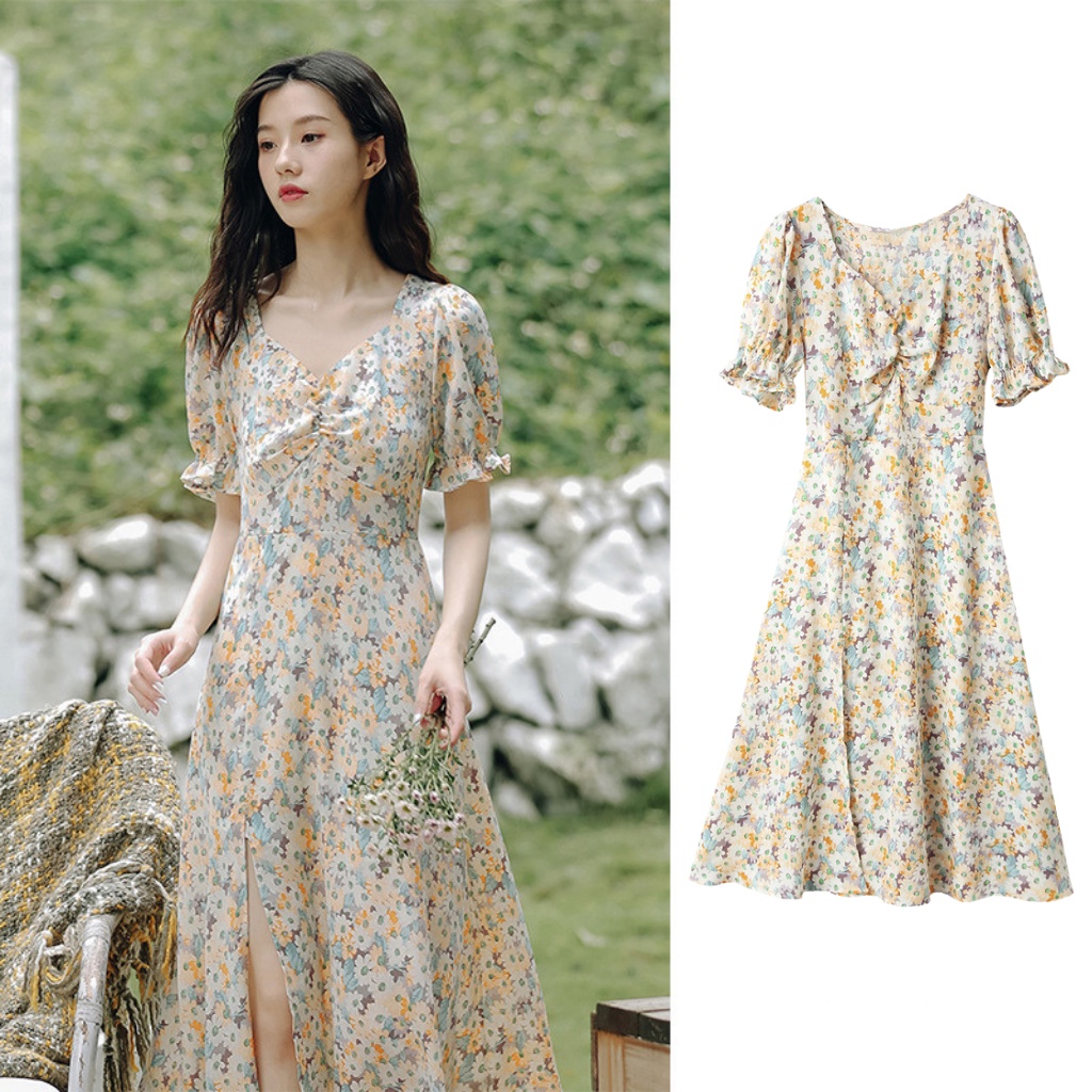 Váy Hoa Nhí Vintage, Đầm Hoa Nhí Vintage Dáng Dài, Váy Maxi Dài Xẻ Tà Cổ Chữ V , Ngực Cụp | WebRaoVat - webraovat.net.vn