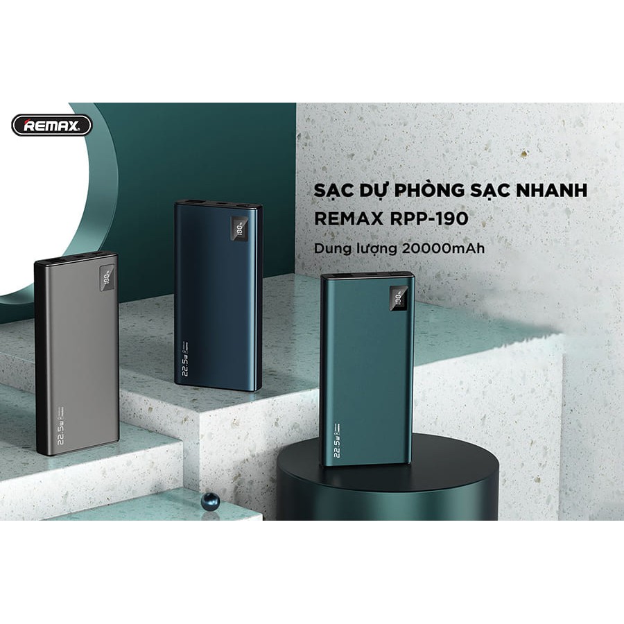 [ CHÍNH HÃNG ] Pin sạc dự phòng  20000mAh REMAX RPP-190 sạc nhanh 22.5w lõi Li-polymer 2 cổng QC3.0+1 cổng PD