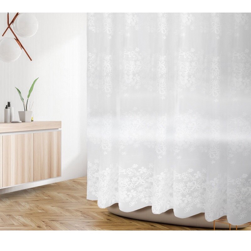Rèm Phòng tắm / Rèm Cửa sổ Hoạ tiết trong hoa lá Trắng viền A49 180x180cm Loại 1