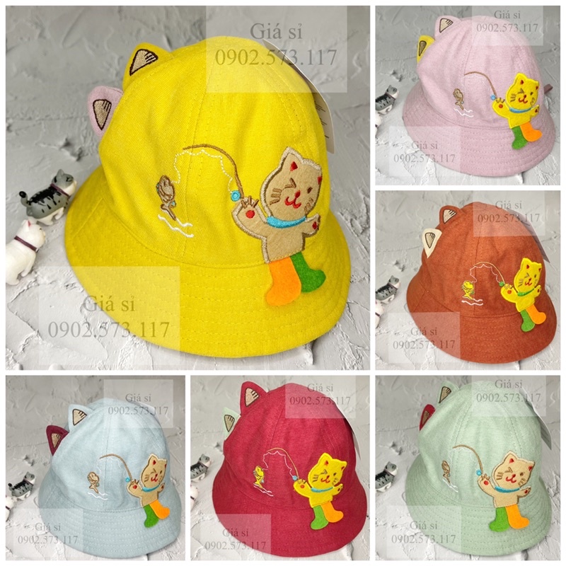 Nón bucket thêu MÈO câu cá thời trang dành cho bé dưới 3 tuổi