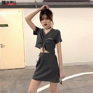 💛 Bộ đồ Ôm Hơn Nhìn Chính Hãng Hàn Quốc Hình Ảnh Chính Thức Phù Hợp Với Nửa Tay Crop Rốn Áo Thun Top + Váy Nửa Eo Cao Nữ Hai