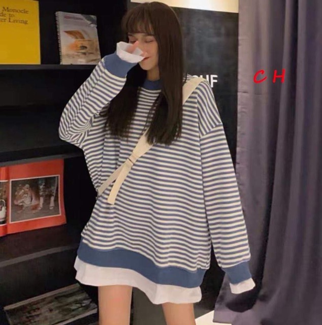 Áo kẻ ngang phối vạt trắng chất nỉ COH687