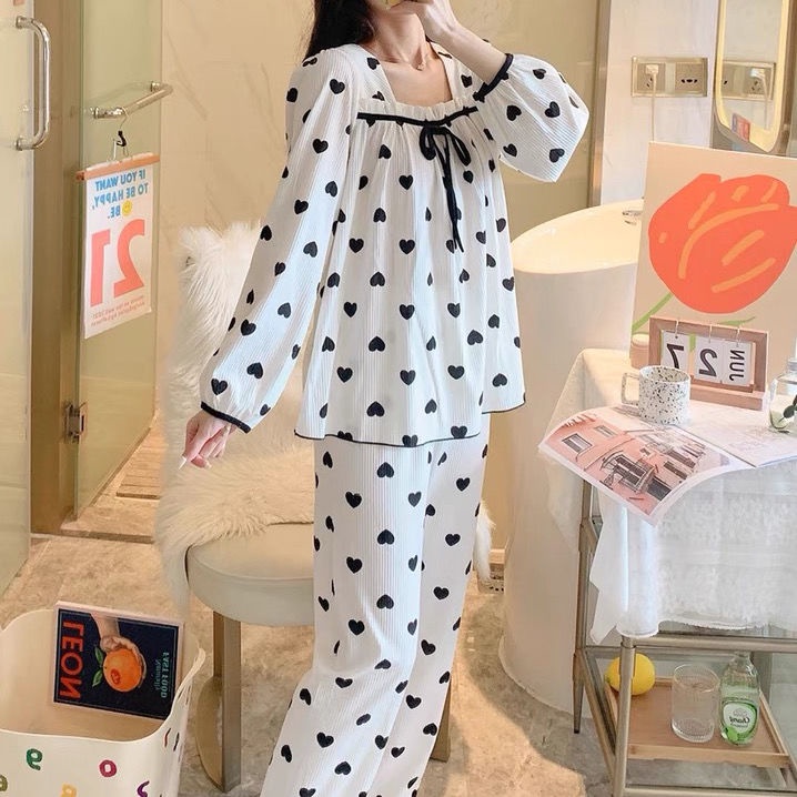 Bộ đồ ngủ tay dài cổ vuông chất liệu cotton thời trang xuân thu mới 2021 | BigBuy360 - bigbuy360.vn