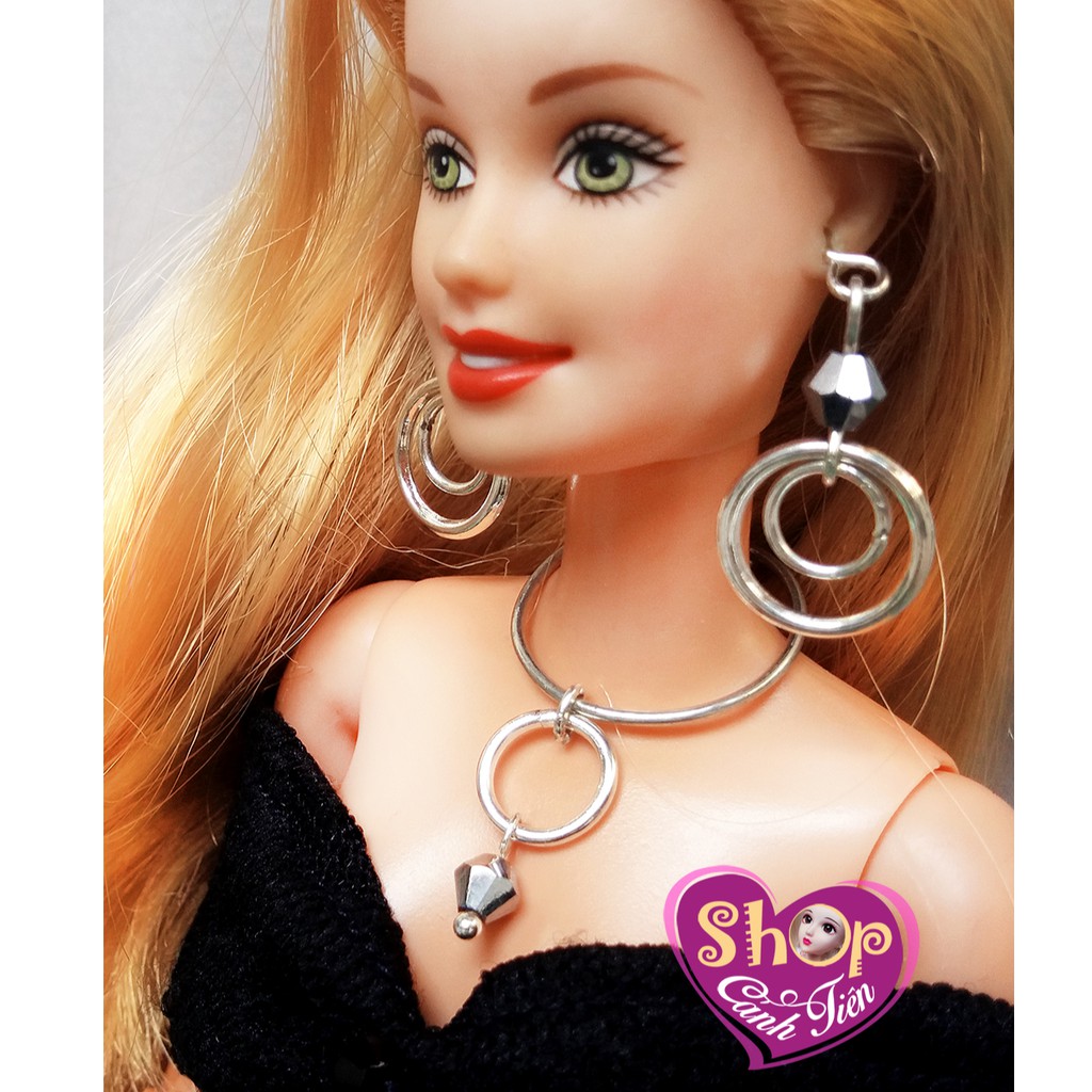 Trang Sức Búp Bê Barbie Handmade cao cấp - Vòng cổ, Hoa Tai Búp bê Khoen Tròn kết hợp Pha lê Bạc Sáng