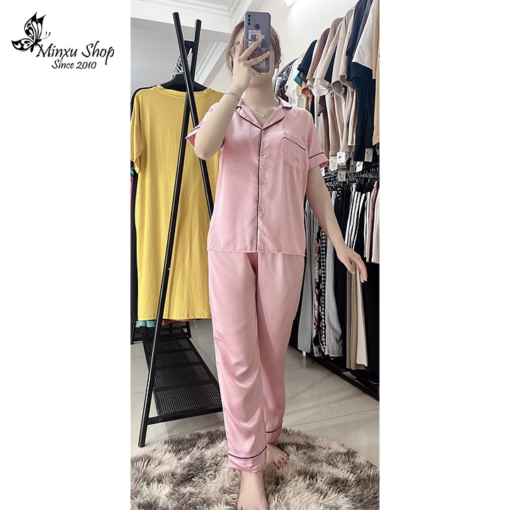 Bộ đồ ngủ pijama, bộ lụa quần dài áo ngắn tay màu trơn thiết kế viền cách điệu trẻ trung lịch sự Minxu Shop PT02