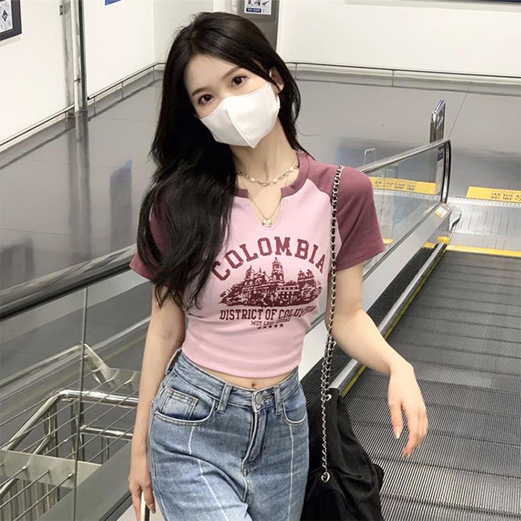 COZOKC COZOK Áo thun COZOK ngắn tay dáng ôm in họa tiết phối màu tương phản dễ thương xinh xắn