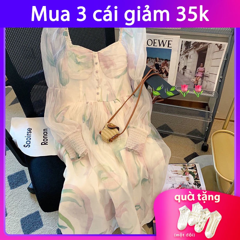Đầm kiểu cổ vuông in họa tiết hoa vỡ phong cách Pháp trà chiều cổ điển xinh xắn 2022 mới thời trang mùa xuân cho nữ