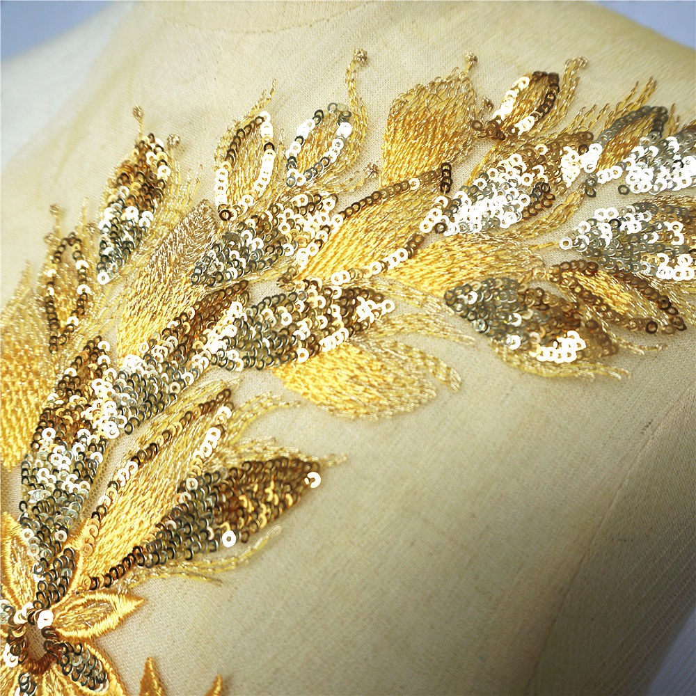 Miếng Vải Ren Thêu Hoa Đính Kim Sa Màu Vàng Dùng May Vá Quần Áo Cô Dâu diy