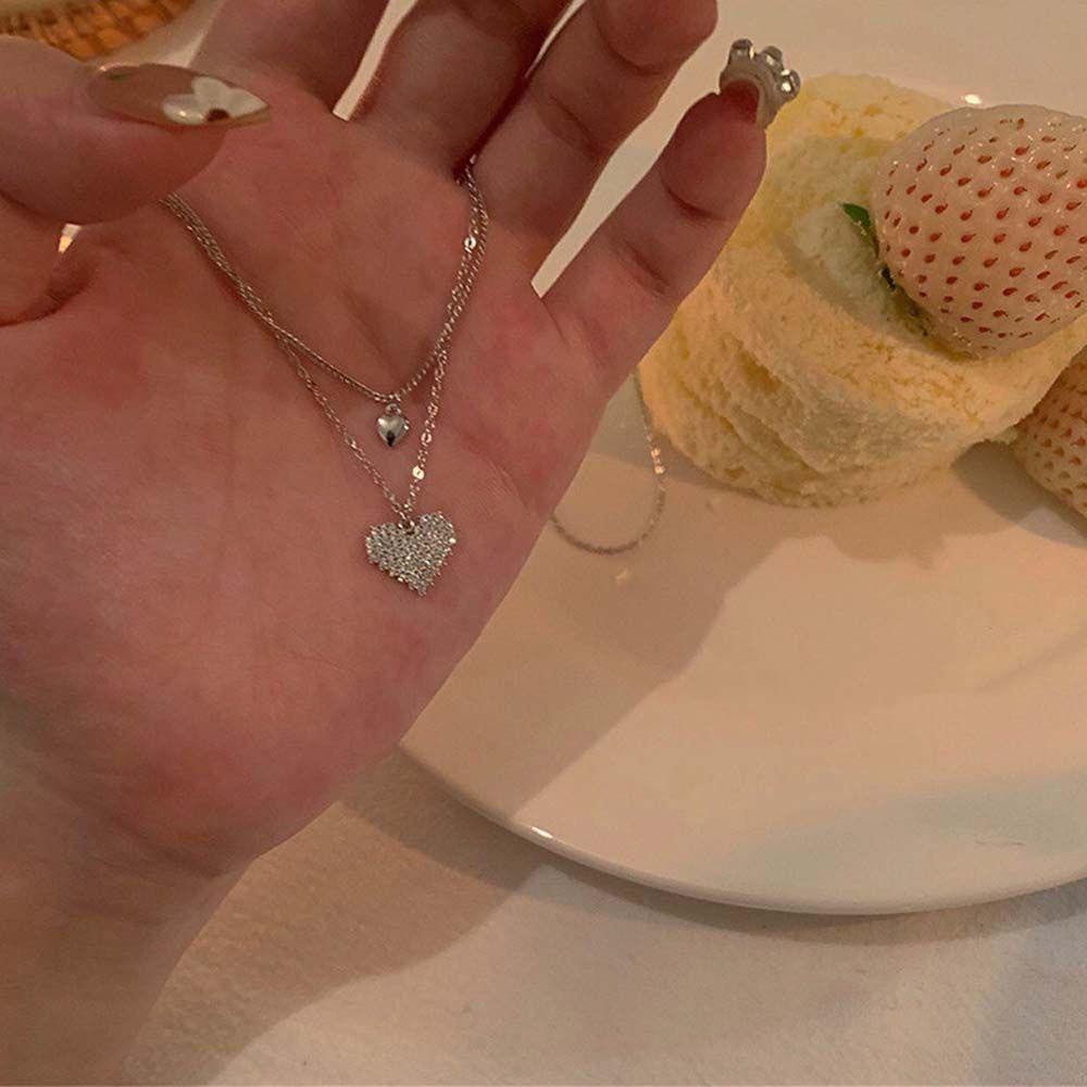 AROMA Vòng Cổ Choker Hai Lớp Mặt Trái Tim Đính Đá Lấp Lánh Phong Cách Hàn Quốc Cho Nữ