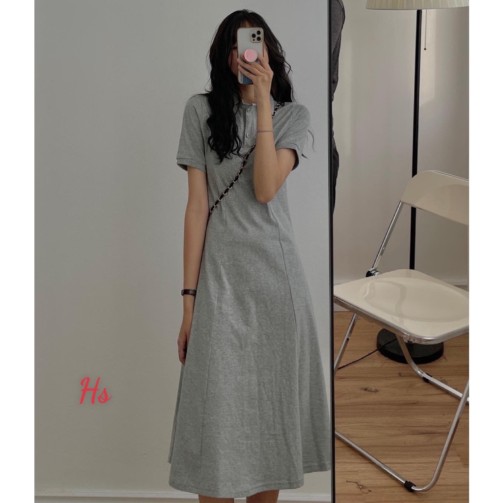 Đầm Polo Nữ Dáng Dài Cổ Bẻ Cúc Cài Váy Cộc Tay Nữ Trơn 2 Màu