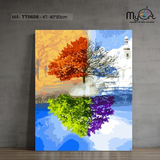 Tranh sơn dầu số hóa tự tô màu - Mã TT0656 Cây bốn mùa Xuân hạ thu đông Tranh trừu tượng
