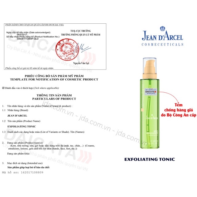 [CHÍNH HÃNG] Dung dịch làm sạch sâu Jean D'arcel_Jean Darcl Exfoliating tonic 250ml