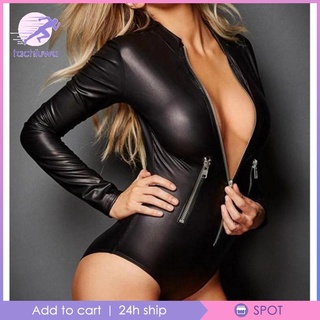 Sexy PU Leather Leotard Bodysuit with Sleeve Zipper Thong Bodycon Jumpsuits S #2
