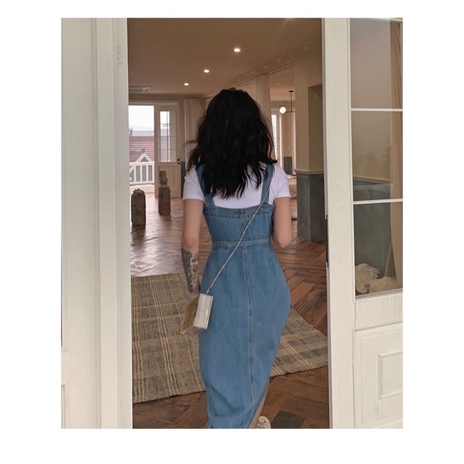 Váy Yếm Jeans Xẻ Trước Dáng Dài Kiểu Dáng Retro