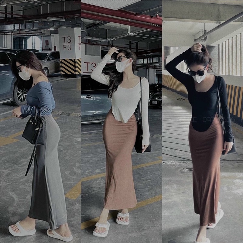Set Áo Vạt Bầu Phối Chân Váy Dáng Dài Đuôi Cá Hàng Quảng Châu